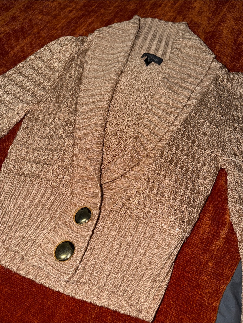 bebe Metallic RoseGold Knit Shawl Collar Cardigan with Gold Buttons | S | Used - Picture 3 of 13